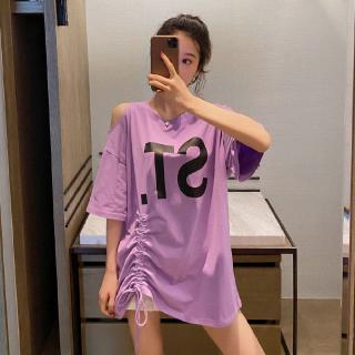 【Plus Size/3Colors/40-150kg】Oversized Korean Style Women Plus Size Off Shoulder T-shirt with Gathered Wasitlines Round Neck Short Sleeves BIg Loose Letter Printed Sexy Tee Maternity Pregnancy T-shirt Casual Top Soft Cotton Fashion Fat Size T-shirt Pajamas