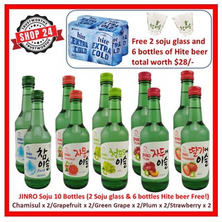 SHOP24 Jinro Soju 10 bottles set (2 Bottles each flavors) with 2 Soju glass & 6 cans Hite beer worth $28/- Free!
