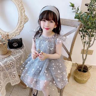 <Ready Stock> 2020 Children's Clothing Summer Fairy Lace Skirt Gray Thin Starry Sky Net Princess