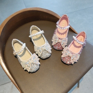 New Arrival (2-6 Years Old) Kids Bling Bling Diamond Bow Velcro Flat Shoes Fashion Girls Pearls Soft Leather Shoes