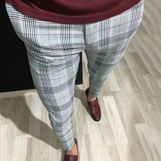 Ready Stock Slim Cotton Cotton Twill Panty Gray Long Ankle Super Elastic Checkered Side Stripes Casual Pants Birthday Gifts For Men