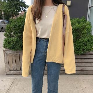 New Korean Women Top Loose Sweater Yellow Knitting Cardigan