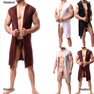 Fssg Men Bathrobe Sleeveless Silk Slippery Pajamas Hooded Robe Bathrobe Ultra-thin Jelly