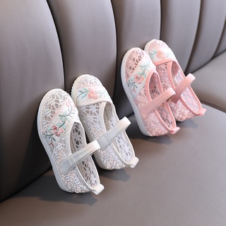 【兒童繡花鞋】[pair of children's embroidered shoes]2021 spot summer girls' national style Hanfu net cloth children's shoes Hanfu embroidered shoes Chinese Style Pink children's shoes.81