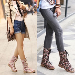 Women's Boots Round Toe Lace Low Heel Print Martin Boots Short Boots Thick Heel (1)