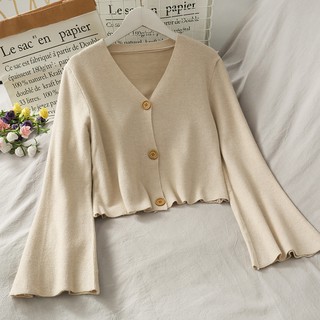 (4 COLORS) knitted ribbed korean ulzzang bell sleeve long sleeve buttoned top blouse