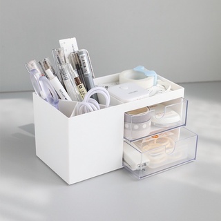 2 Drawers Desktop Storage Box Pen Holder Office Supply Tape Stationary Trinket Makeup Organizer Storage Translucent