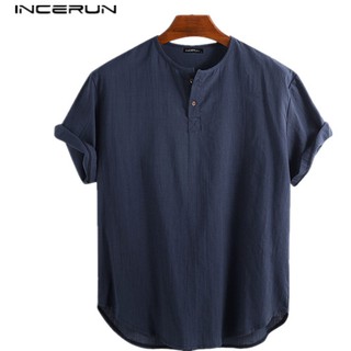 INCERUN Men Casual Retro Linen V-Neck Short Sleeve Loose Cool Shirts