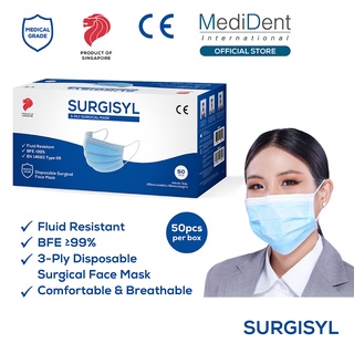 SURGISYL 3-PLY Medical Grade Surgical Mask ASTM Level 3 BFE & PFE 99% 50s/box - Medident