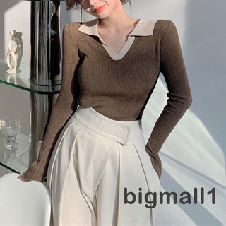 BIGMALL-Women Patchwork Lapel Neck Knitwear, Long Sleeve Ribbed V-neck Casual Autumn Knit Tops