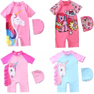 Cute Pink Pony Baby Swimwear Cartoon Unicorn Girls Swimsuits Infant Toddler Jumpsuits One-pieces Swimsuits with Cap