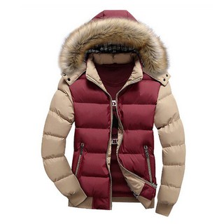 Men Winter Hooded Jacket Fur Collar Thick Warm Padded Coat