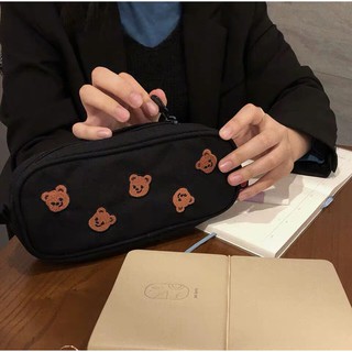 CH丨Vintage Embroidery Bear Pencil Bag Handmade Bag Korea Pureureum Cosmetic Storage Bag Black Pencil Case