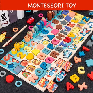[SG Stocks] Montessori Wooden Toy - Wooden Numbers Letters Fishing Education Toys - Puzzle Toys