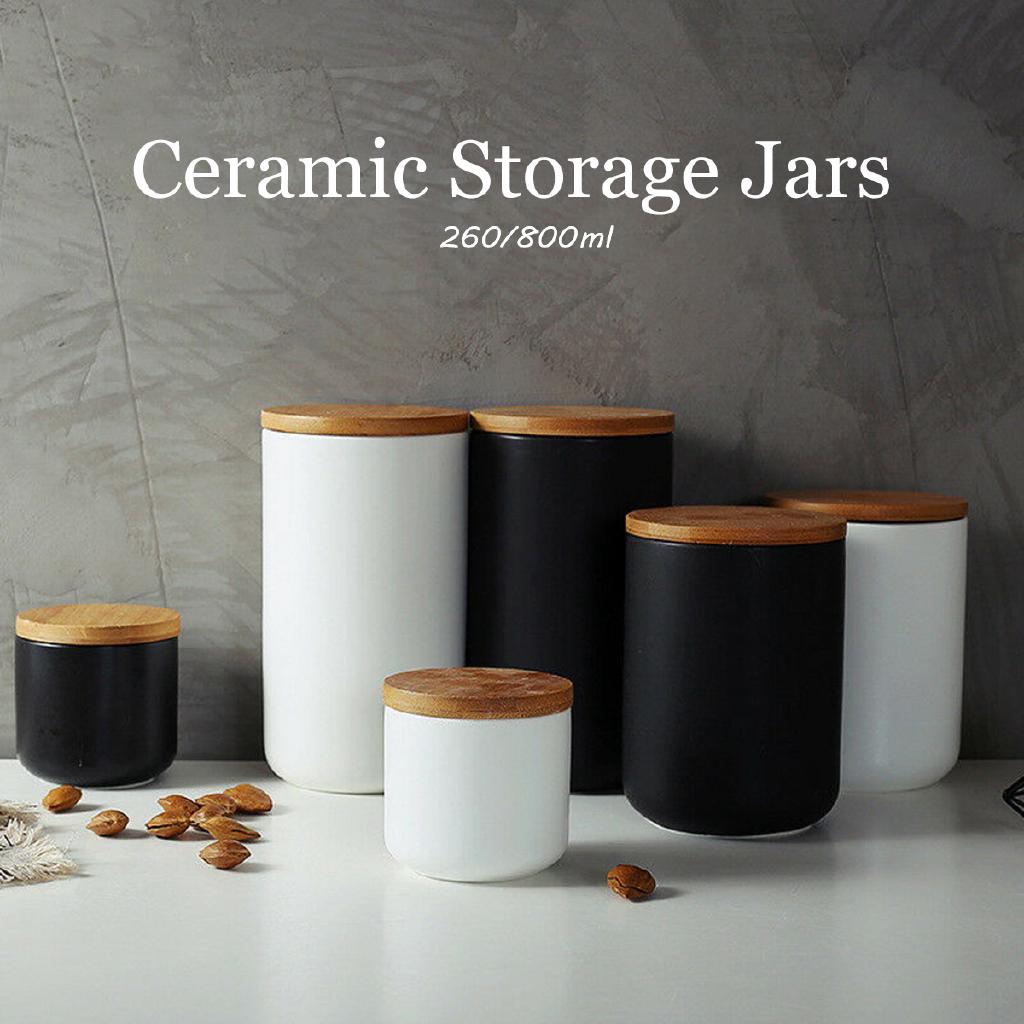 Ceramic Storage Jars Wooden Lids Tea Coffee Sugar Canisters Kitchen Container