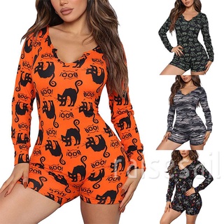 Rs-Women Halloween Playsuit, Adults Slim-fit Cat/Skull/Bat/Ghost Print Long Sleeve V-neck Romper