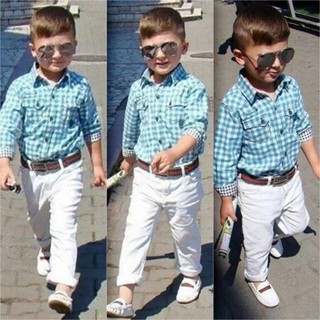 Kids Boys Dress Plaid Shirt Top Pants Belt Gentleman Formal 3PCS Clothes Set