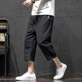 Summer thin section cropped trousers men loose sports elastic waist Japanese fat big size 7 points casual wide leg male (1)