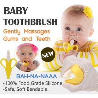 2 in 1 Baby ToothBrush Yellow Banana Teether Massager Oral Hygiene BPA FREE Silicone