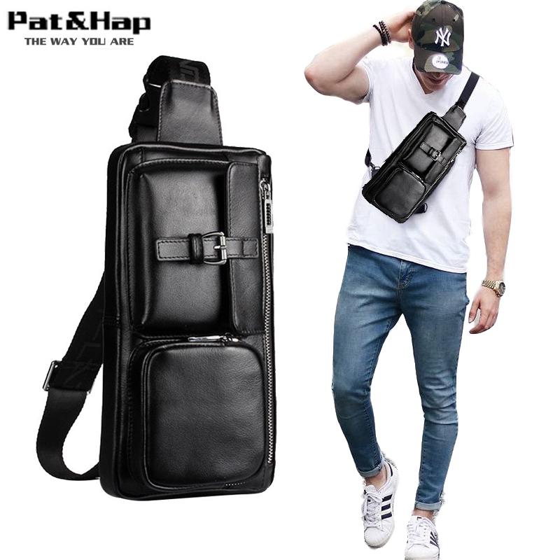 Leather Chest Bag for Men Black Fanny Pack Belt Bag Box Type Bum Bag Vintage Fannypack Fashion Brand Waist Bag