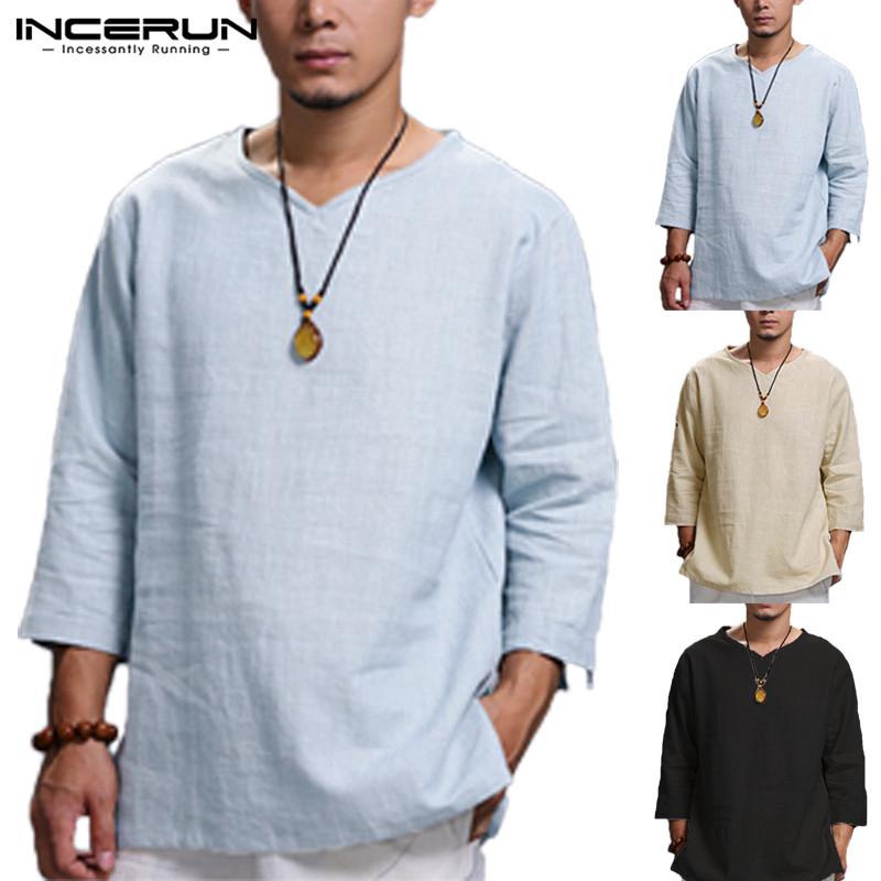 Men Causal Long Sleeve Solid Color V Neck Baggy Tops