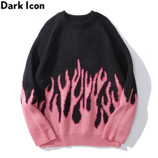 DARK ICON Pink Flame Off Shoulder Sweater Men Women Autumn Oversized Men's Sweater Knitwear Men Clothing