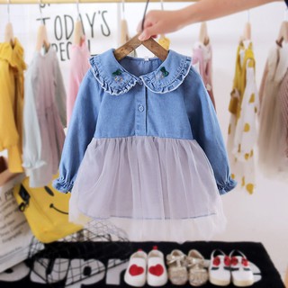 ♞○kid's derssGirls Computer Cable Lock2020Spring and Autumn Long-Sleeved Baby Girl's Denim Skirt Korean-Style Cute Children's Fashion clothing