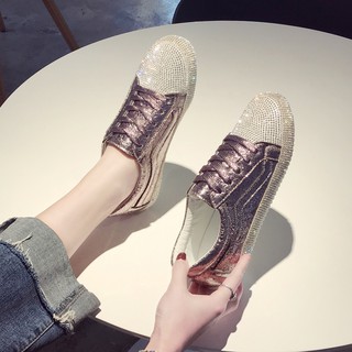 2019 new full diamond rhinestone red silver shiny lace-up shoes wild casual flat women's shoes Lok Fu shoes