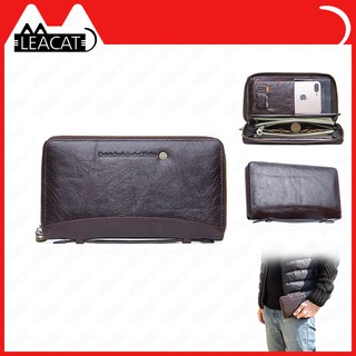 🔥Ready Stock🔥【 Leacat 】 Genuine Leather Men Clutch Wallet Brand Male Card Holder Long Zipper Around Travel Purse With Passport Holder 6.5 Phone Case