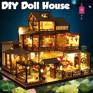 【High Quality】Japanese Villa Dollhouse DIY Doll House Miniature Furniture LED Light Kits Toy