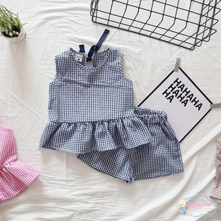 Summer Girls Cute Baby Plaid Lattice Sleeveless Shirts + Shorts 2pcs