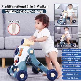 3 in 1 Walker Hand Push Baby Toddler Cart with Toys Music Anti-rollover Anti-O-leg Adjustable Height Kids Stroller