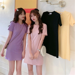 Korean Style Solid Color High-Elastic Slim-Fit Mid-Length Short Sleeve T-shirt Dress