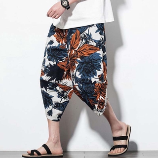 Men's Fashion Loose Plus size Cotton Linen Flower Printed Jogger Pants (1)