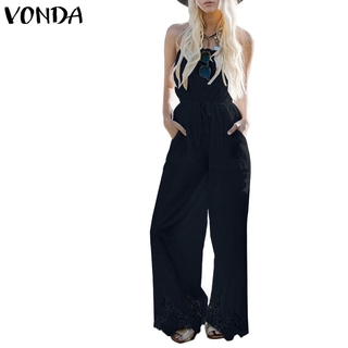 VONDA Women Sleeveless Backless Sexy Lace Patchwork Wide Leg Long Jumpsuits
