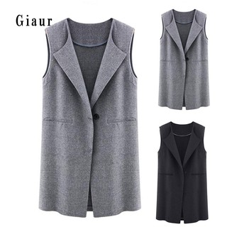 GIAUR Casual Solid Color Women Long Vest Coat Sleeveless One Button Lapel Waistcoat