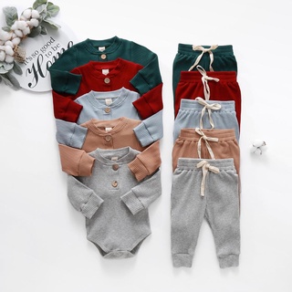 Infant Newborn Baby Girl Boy Spring Autumn Ribbed/Plaid Solid Clothes Sets Long Sleeve Bodysuits + Elastic Pants 2PCs Ou (1)