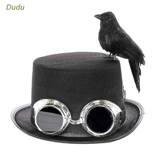 Dudu Unisex Heavy Metal Music Festival Top Hat Carnival Retro Gothic Steampunk Cosplay Black Jazz Cap with Crow Decorative Glasses Goggles