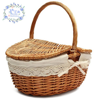 [Sale]-Handmade Wicker Basket with Handle Wicker Camping Picnic Basket with Double Lids Storage Hamper Basket with Cloth Lining
