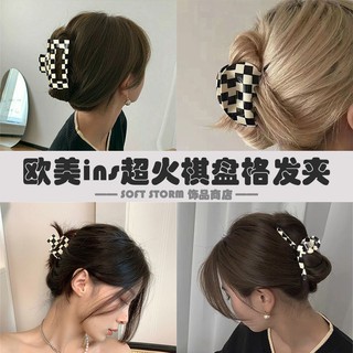 ❂❅✒European and American ins net red black and white checkerboard shark clip female back head hair catching clip tempera