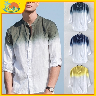 Mens Summer Gradient Color Three Quarter Sleeve Beach Holiday Cotton Breathable Casual Shirt