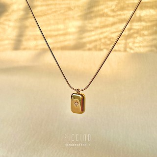 FICCINO 18k Gold Plated Titanium Steel Engraved Cube Pendant Necklace with Zircon Minimalist