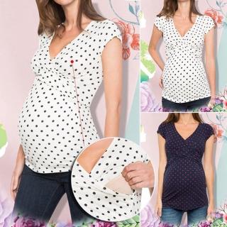 Fashion Pregnant Women Pregnancy Clothes Nursing Short Sleeve Tops Maternity Dot Printed Lactation Clothe Tops