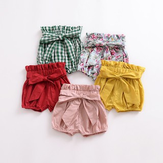 ♕ babyme ღ Girls Cotton Bow Wood Ear Bread Bloomers Floral Plaid Print Shorts