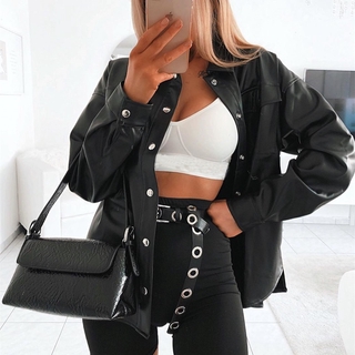 Ladies Fashion Cardigan Button Long Sleeve Solid Color Leather Shirt Street Wear Black PU Leather Top