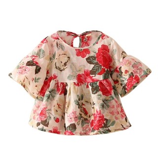 Summer Baby Girl Retro Cotton T-shirt Blouse Sweater Floral Dress