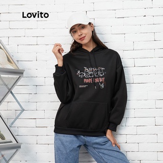Lovito Casual Letter Print Drawstring Sweatshirts L07185 (Black)