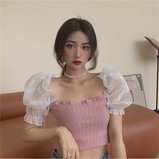 🦋5 Colors🦋Korean Ulzzang Knitted Ribbed Flutter Mesh Sleeves Crop Top Pink Lilac Blue White Black Cute Summer Tumblr