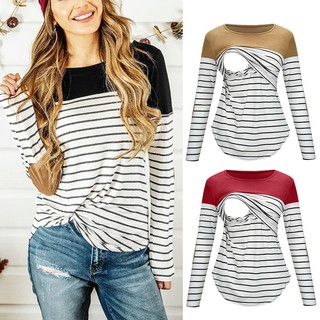 ☀futang☀_Women Maternity Long Sleeve Striped Nursing Tops T-shirt For Breastfeeding