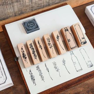 7pc wooden stamp set nature plants rustic for bujo scrapbooking decoration